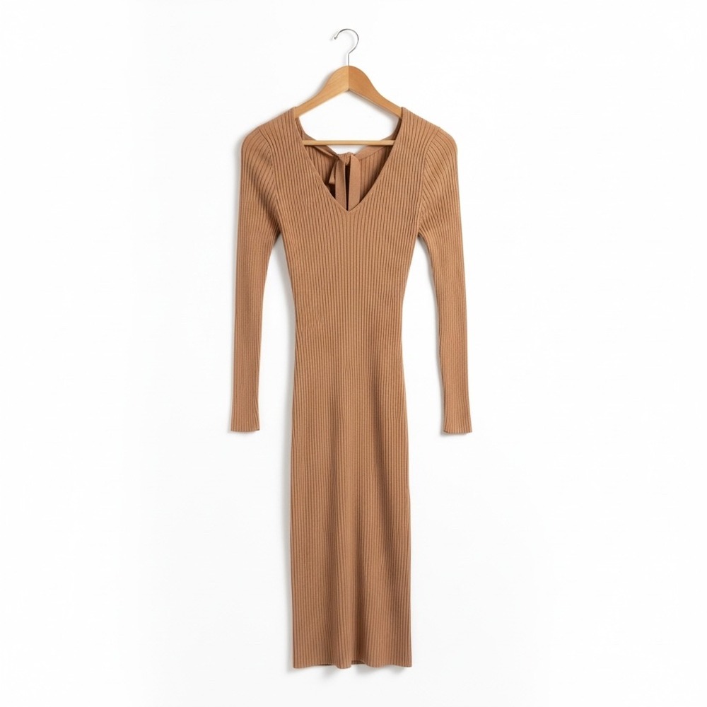 Forever 21 Ribbed Knit Midi Dress‎ Taupe V Neck Long Sleeve Bow Tie Back Size S